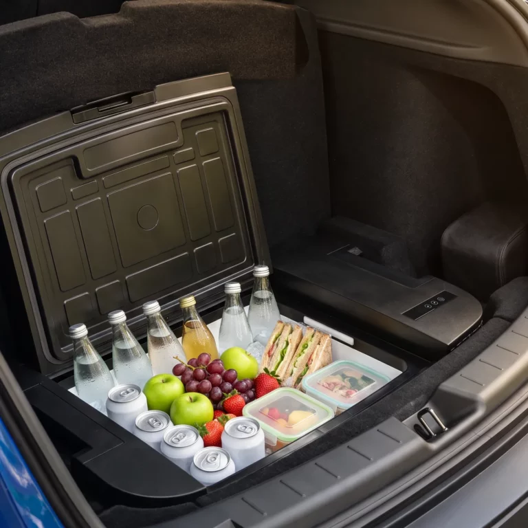 Glacière ouverte remplie de boissons fraîches, de fruits et de sandwichs dans le sous-coffre d’une Tesla Model Y garée en forêt