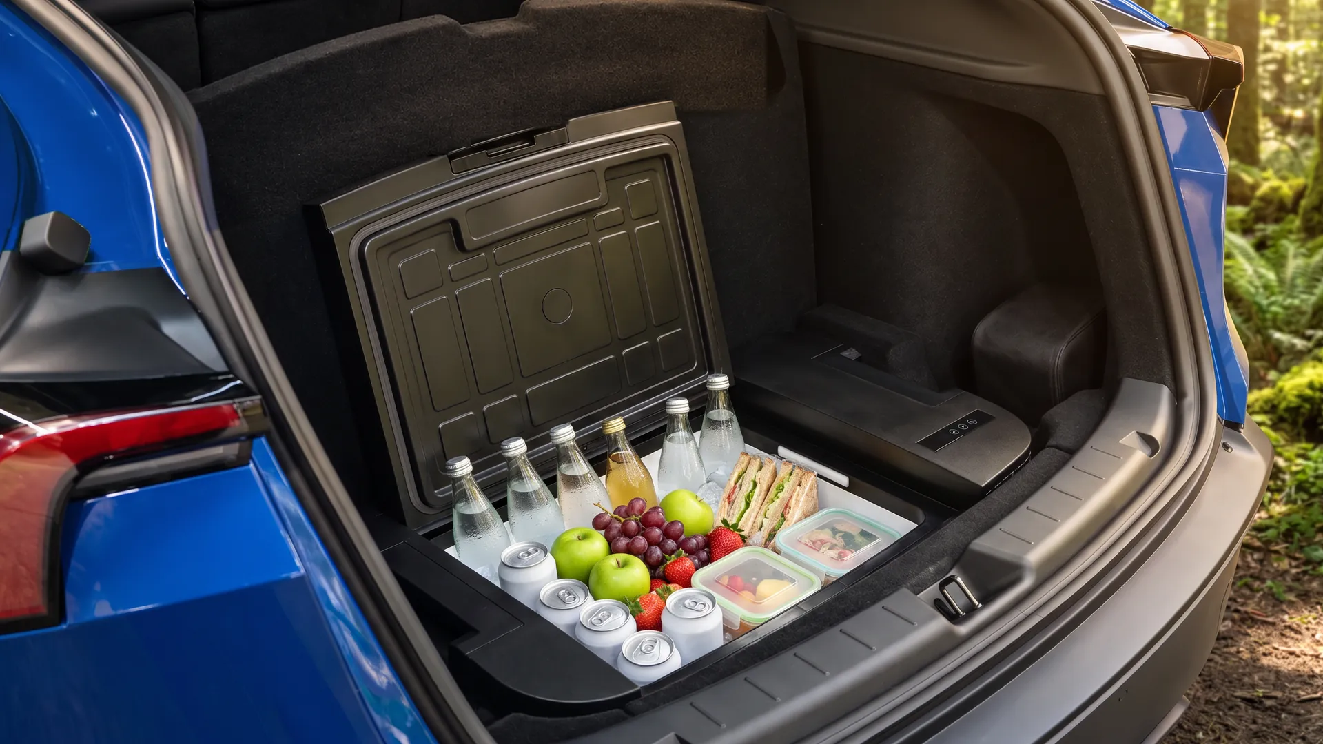 Glacière ouverte remplie de boissons fraîches, de fruits et de sandwichs dans le sous-coffre d’une Tesla Model Y garée en forêt