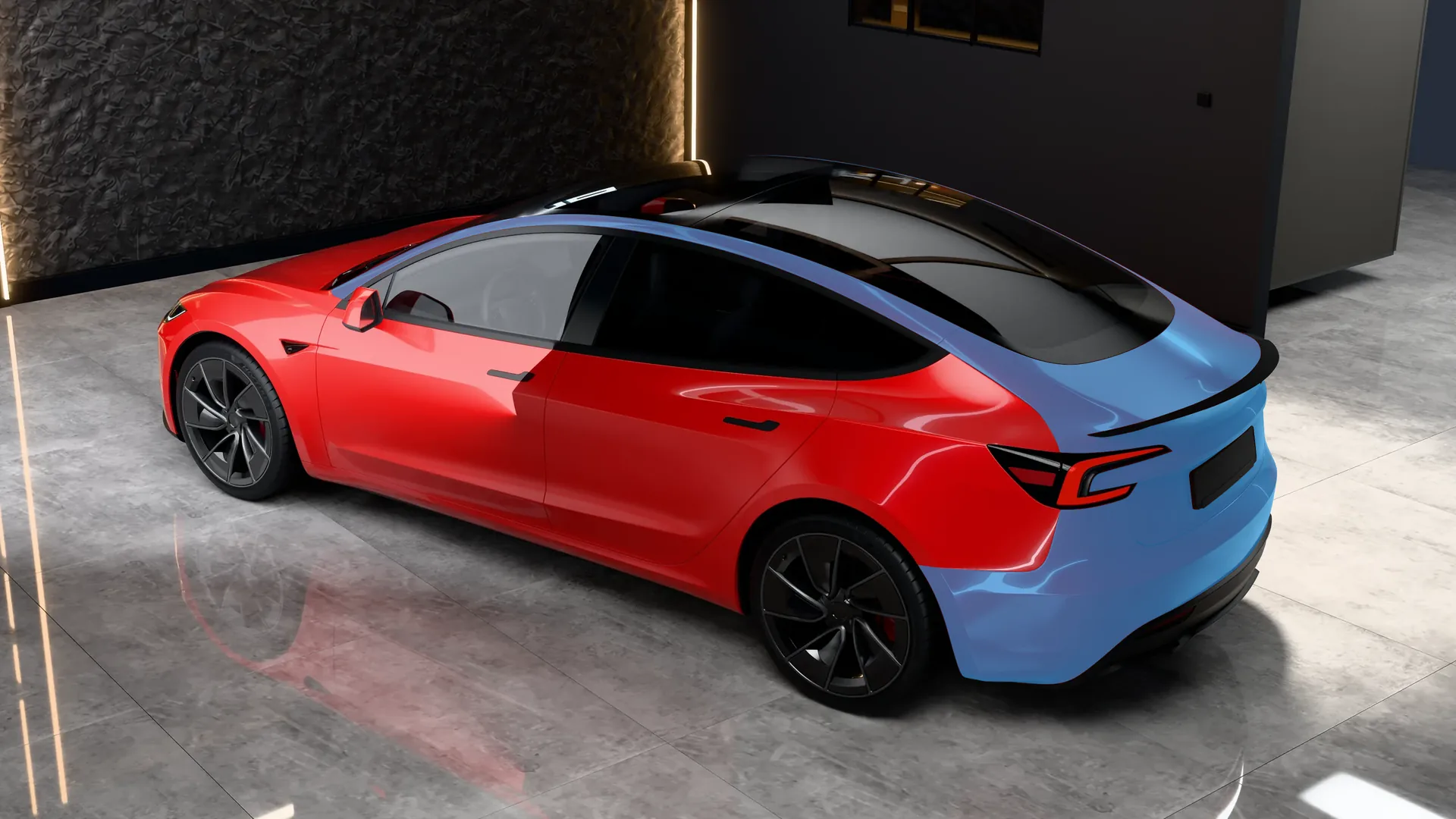 Tesla Model 3 Highland Performance vue de haut, de trois quarts arrière : en bleu, les montants de pare-brise et le contour du toit, le coffre et le bouclier arrière