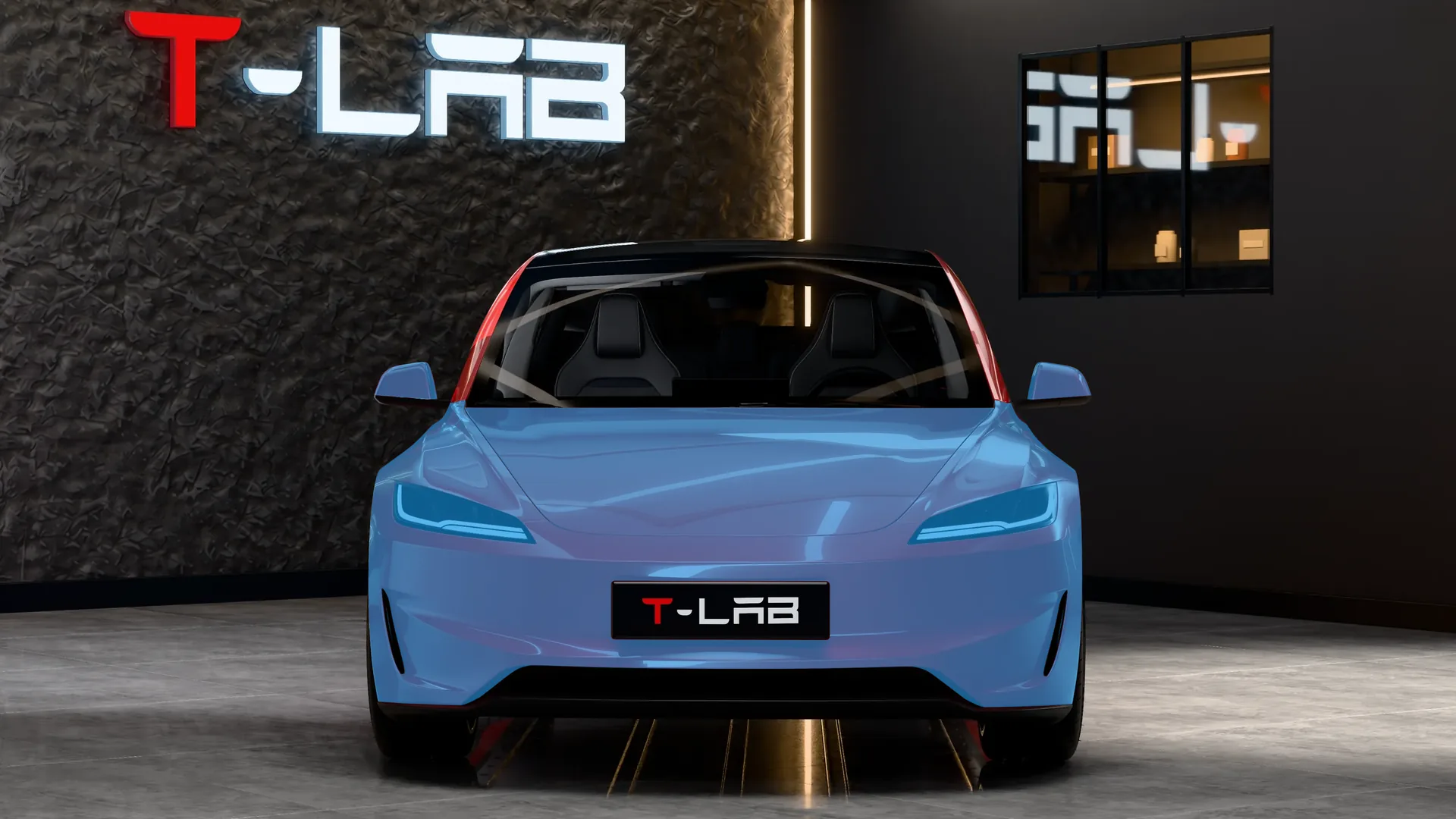 Tesla Model 3 Highland Performance vue de face : en bleu, le capot, le bouclier avant, les ailes avant, les rétroviseurs et les optiques avant