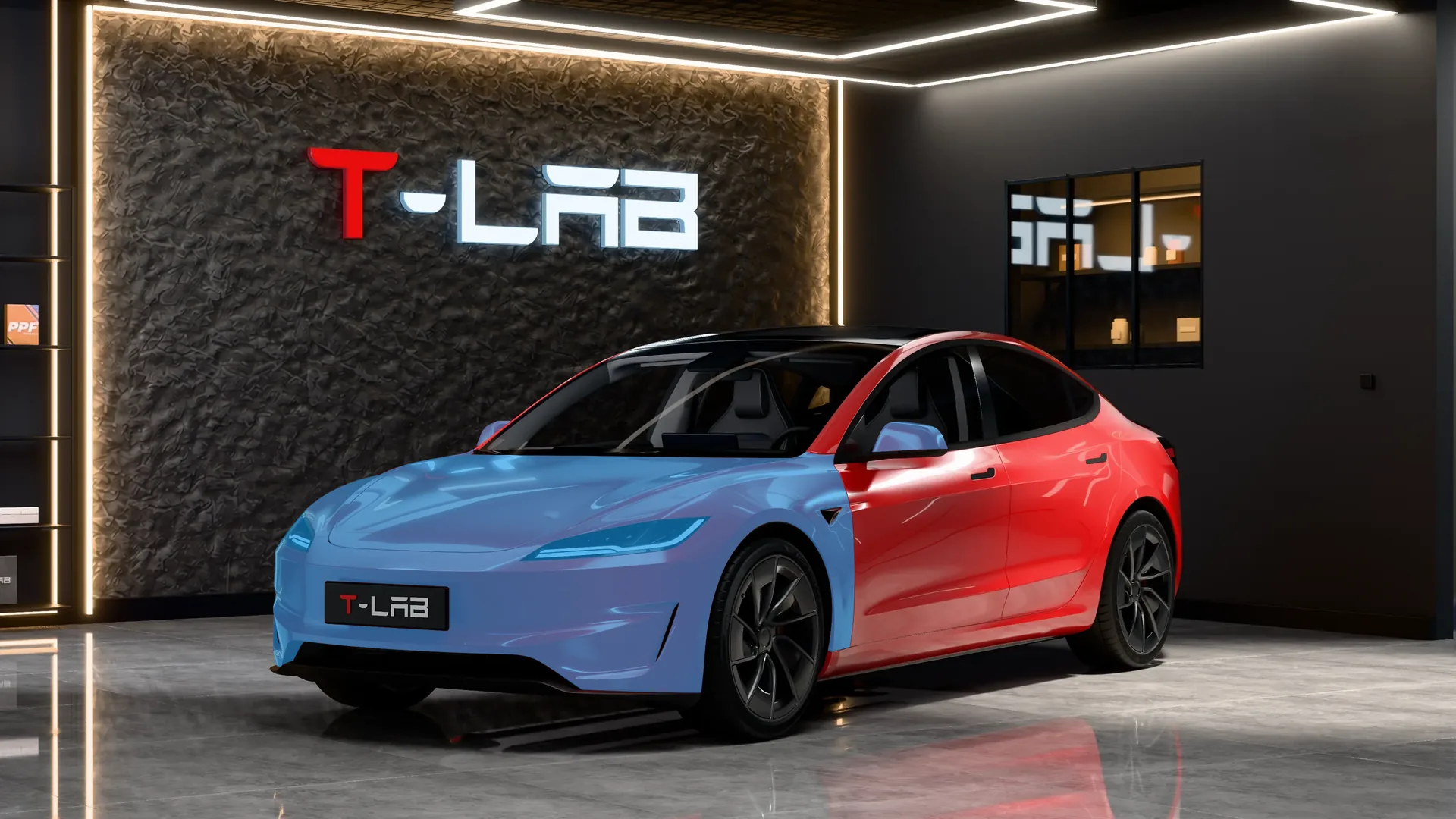 Tesla Model 3 Highland Performance de trois quarts avant : en bleu, les cinq éléments du PPF bloc avant, capot, bouclier avant, ailes avant, rétroviseurs et optiques avant