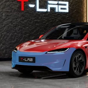 Tesla Model 3 Highland Performance de trois quarts avant : en bleu, le bouclier avant, partie du kit PPF prédécoupé