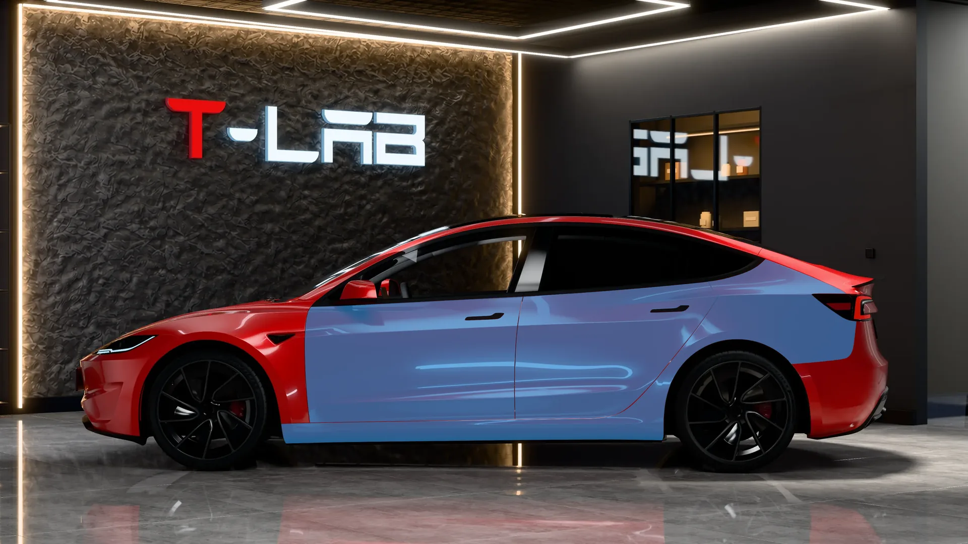 Tesla Model 3 Highland Performance de profil gauche : en bleu, la portière avant, la portière arrière, l’aile arrière et le bas de caisse