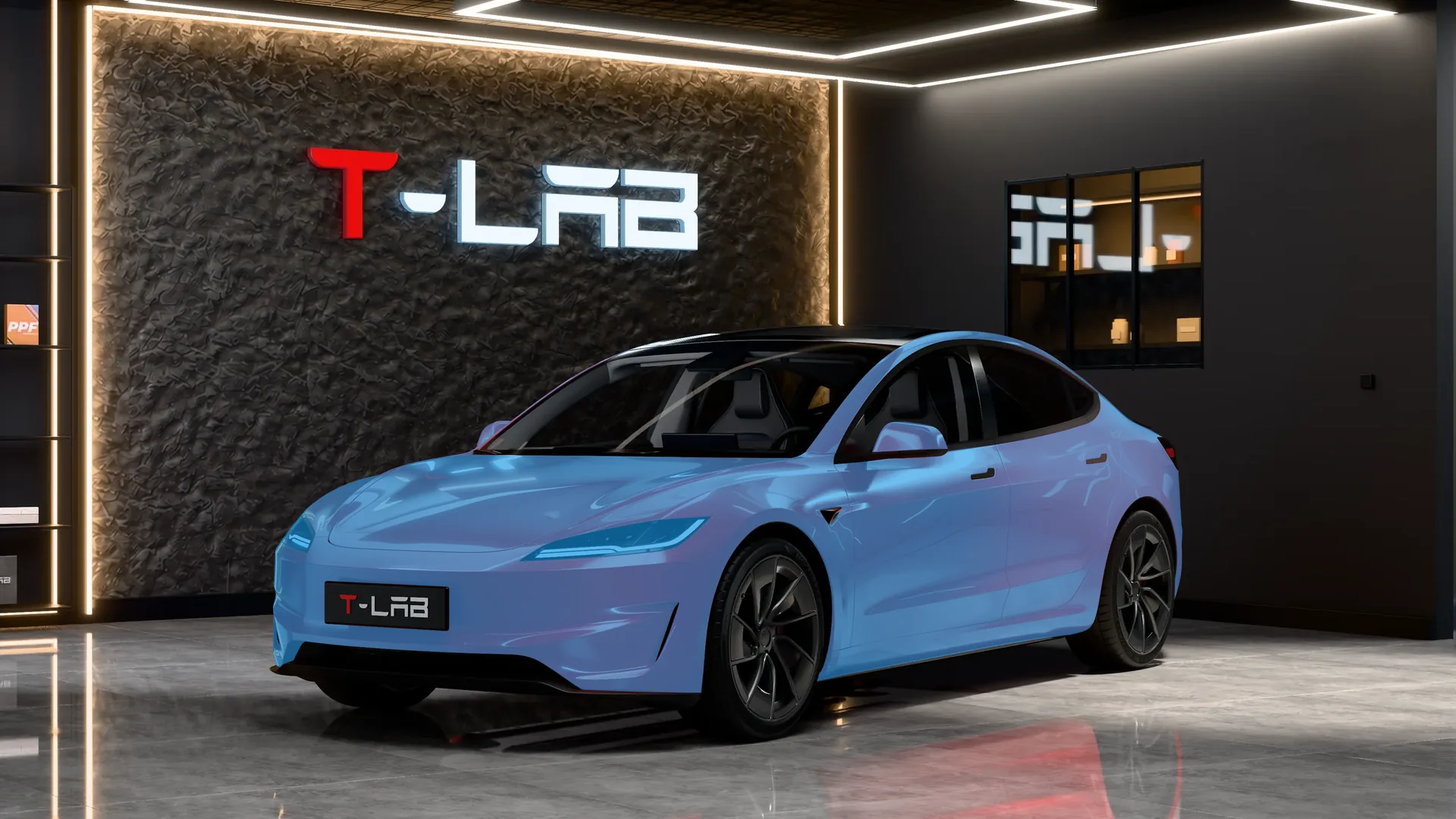 Tesla Model 3 Highland Performance de trois quarts avant : en bleu, les zones couvertes par le PPF intégral, du capot et du bouclier avant jusqu’aux portières, aux bas de caisse et aux montants du toit