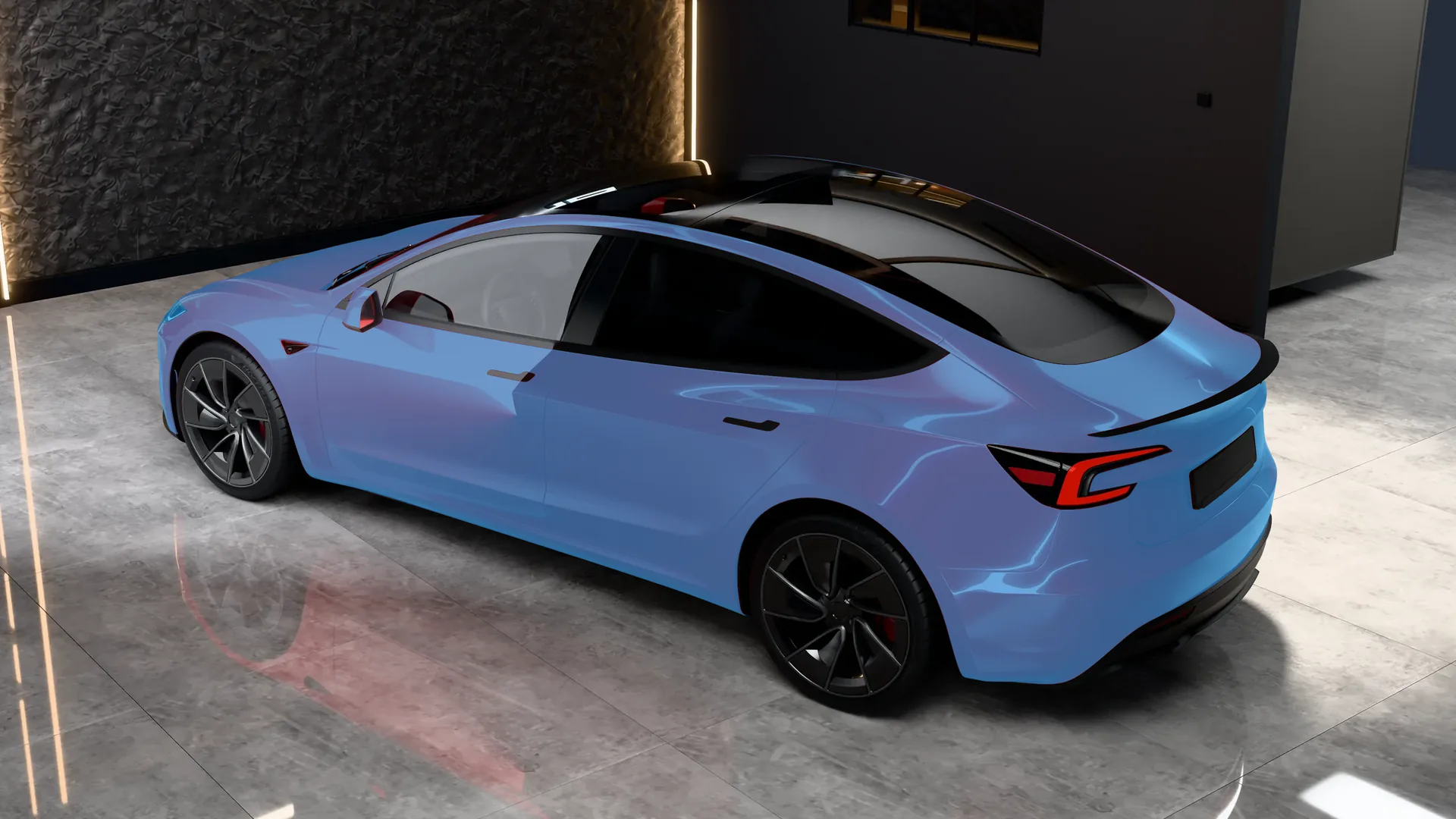 Tesla Model 3 Highland Performance vue de haut, de trois quarts arrière : en bleu, les zones couvertes par le PPF intégral, du contour du toit au coffre, aux flancs et au bouclier arrière