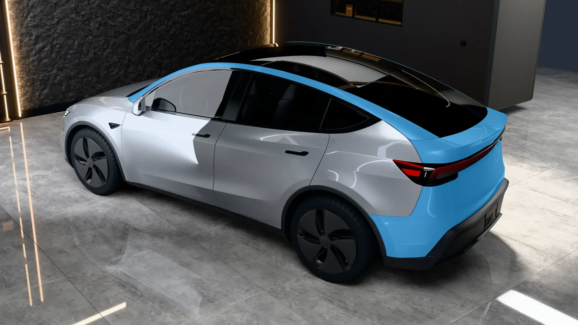 Tesla Model Y Juniper Premium vue de haut, de trois quarts arrière : en bleu, les montants de pare-brise et le contour du toit, le hayon et le bouclier arrière