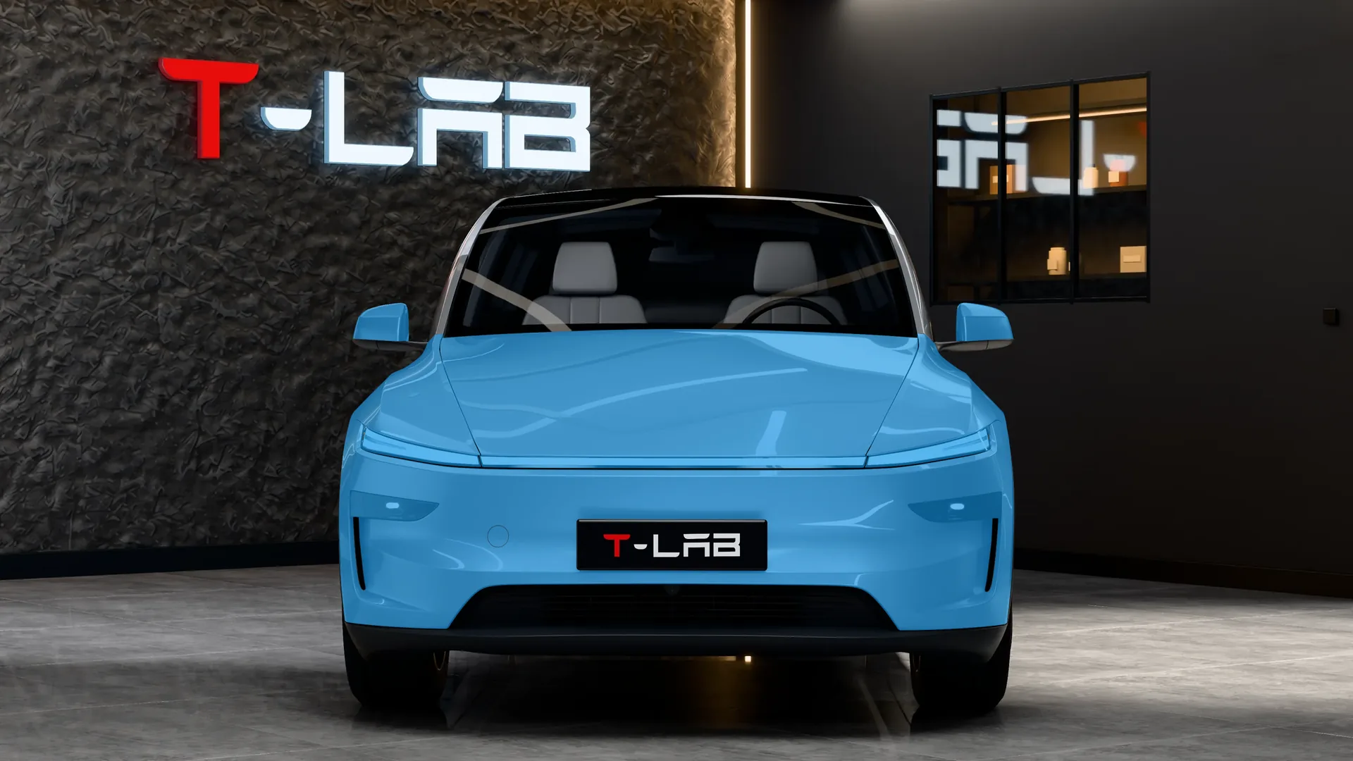 Tesla Model Y Juniper Premium vue de face : en bleu, le capot, le bouclier avant, les ailes avant, les rétroviseurs et les optiques avant
