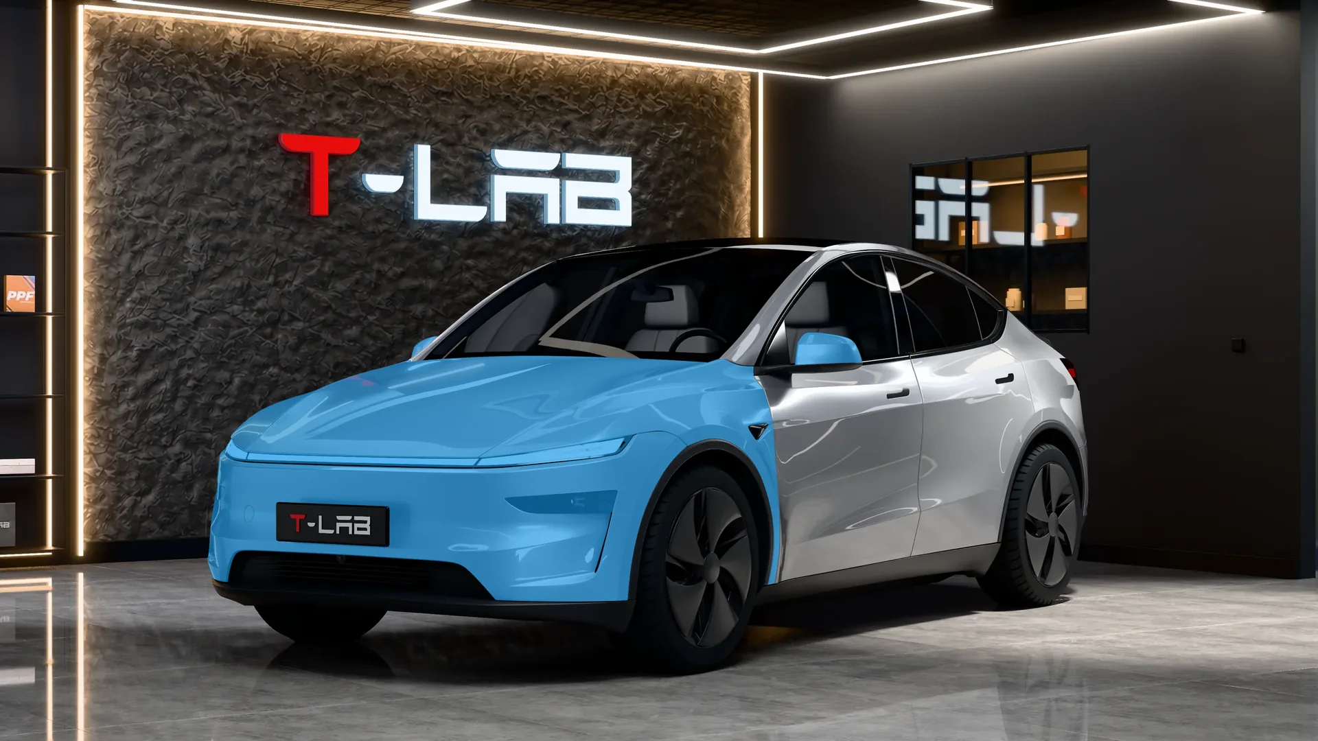Tesla Model Y Juniper Premium de trois quarts avant : en bleu, les cinq éléments du PPF bloc avant, capot, bouclier avant, ailes avant, rétroviseurs et optiques avant