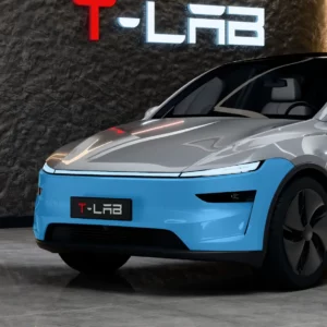 Tesla Model Y Juniper Premium de trois quarts avant : en bleu, le bouclier avant, partie du kit PPF prédécoupé