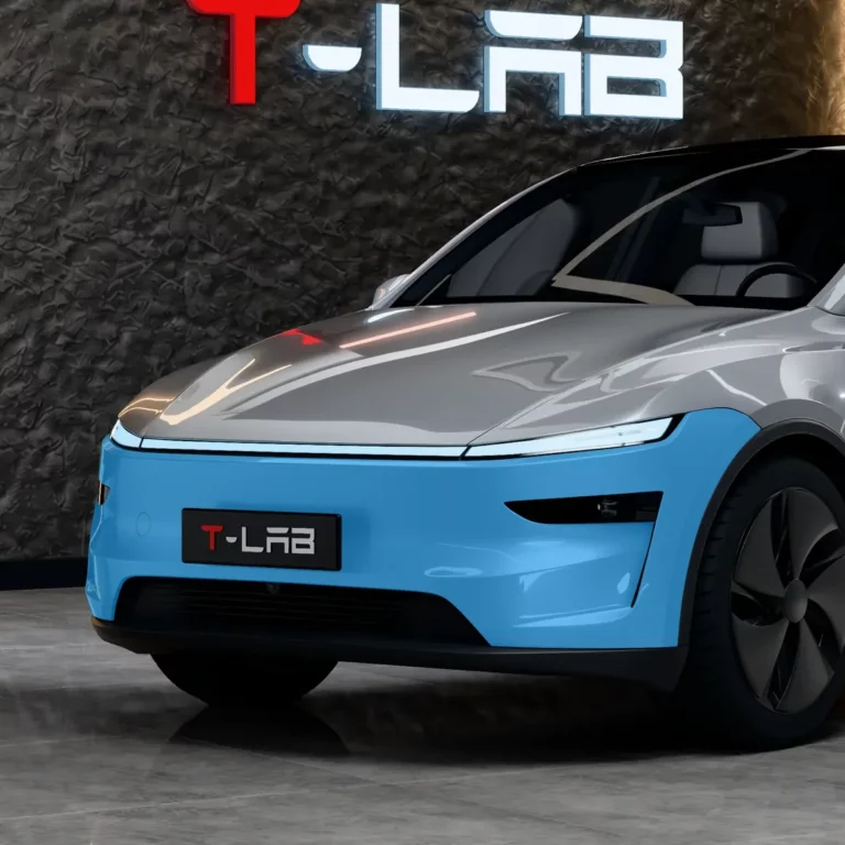 Tesla Model Y Juniper Premium de trois quarts avant : en bleu, le bouclier avant, partie du kit PPF prédécoupé