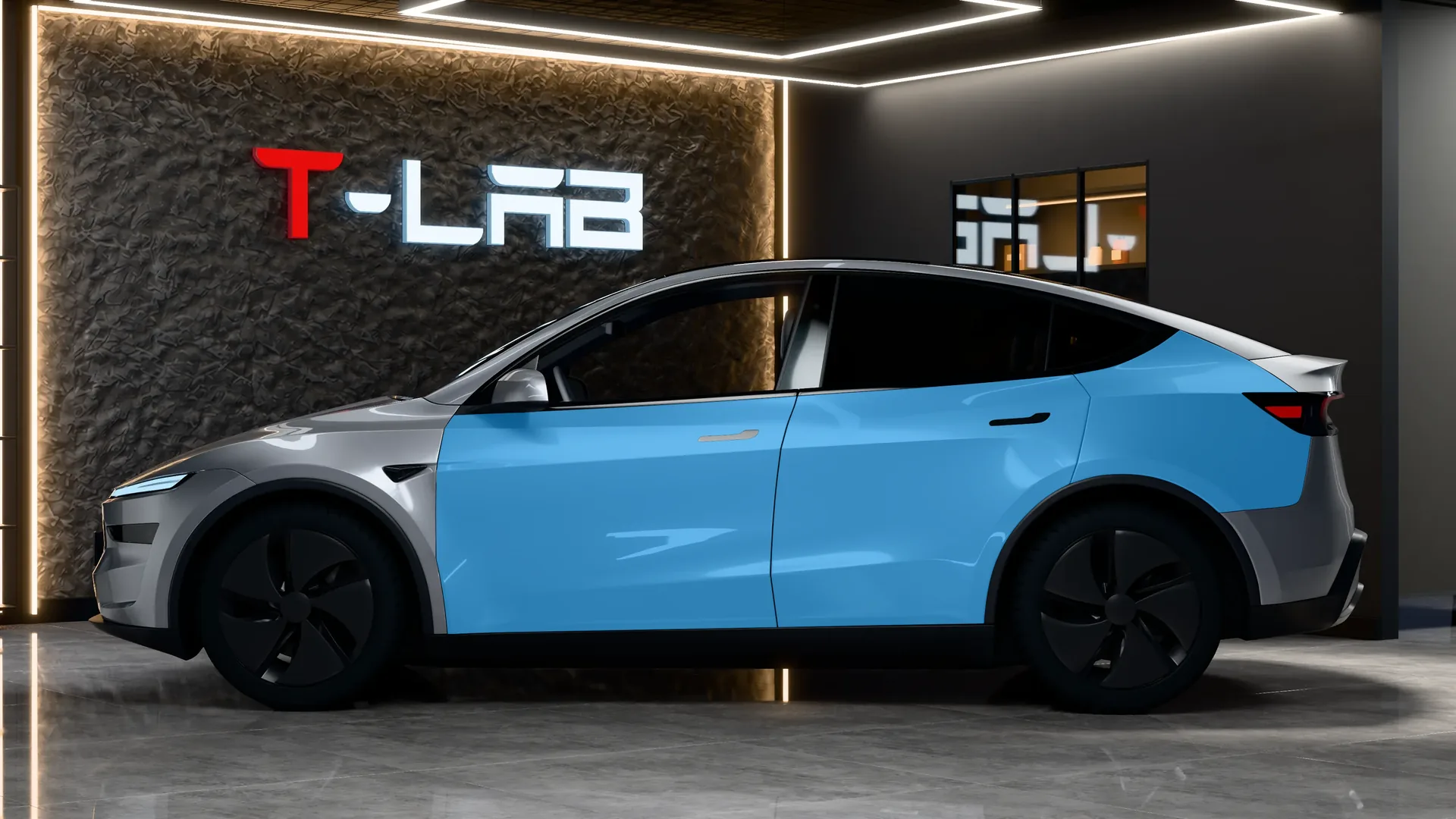 Tesla Model Y Juniper Premium de profil gauche : en bleu, la portière avant, la portière arrière et l’aile arrière