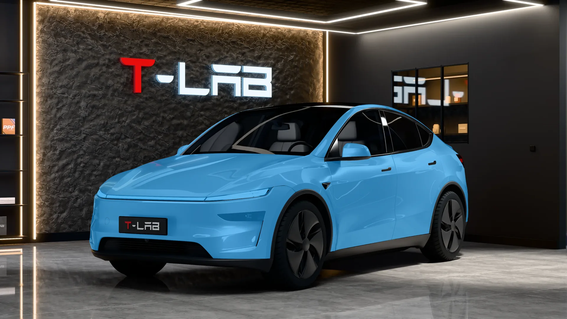 Tesla Model Y Juniper Premium de trois quarts avant : en bleu, les zones couvertes par le PPF intégral, du capot et du bouclier avant jusqu’aux portières et aux montants du toit
