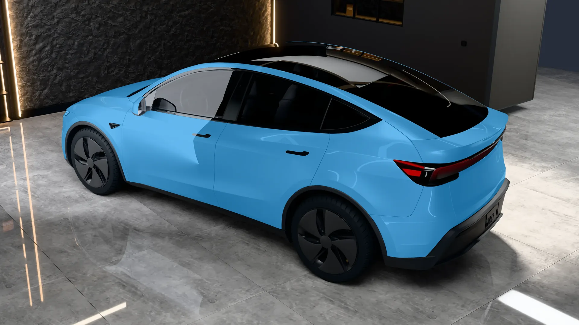Tesla Model Y Juniper Premium vue de haut, de trois quarts arrière : en bleu, les zones couvertes par le PPF intégral, du contour du toit au hayon, aux flancs et au bouclier arrière