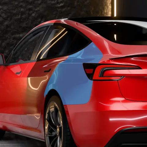 PPF ailes arrière Tesla Model 3 : la zone protégée en bleu, sur une Model 3 Highland Performance vue de trois quarts arrière