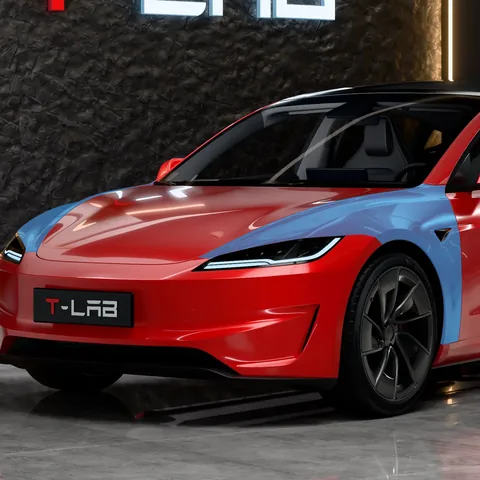 PPF ailes avant Tesla Model 3 : la zone protégée en bleu, sur une Model 3 Highland Performance vue de trois quarts avant