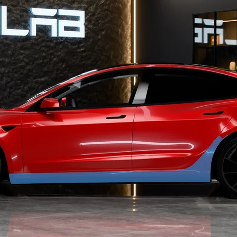 PPF bas de caisse Tesla Model 3 : la zone protégée en bleu, sur une Model 3 Highland Performance vue de profil