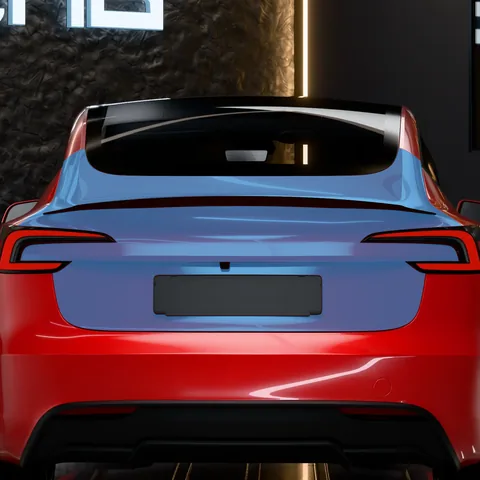 PPF coffre Tesla Model 3 : la zone protégée en bleu, sur une Model 3 Highland Performance vue de l’arrière