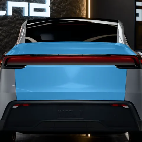 PPF hayon Tesla Model Y : la zone protégée en bleu, sur une Model Y Juniper Premium vue de l’arrière