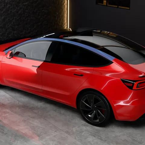 PPF montants et toit Tesla Model 3 : la zone protégée en bleu, sur une Model 3 Highland Performance vue de haut