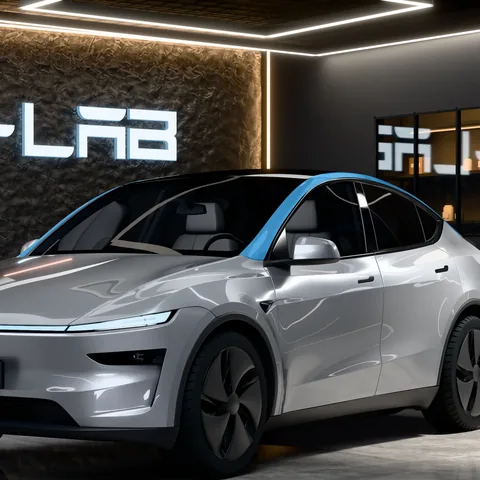 PPF montants et toit Tesla Model Y : la zone protégée en bleu, sur une Model Y Juniper Premium vue de trois quarts avant