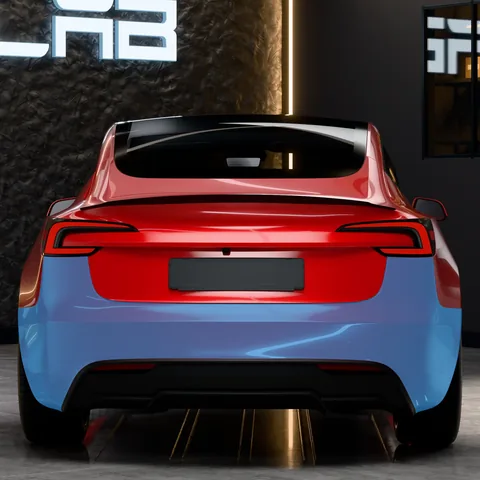 PPF pare-chocs arrière Tesla Model 3 : la zone protégée en bleu, sur une Model 3 Highland Performance vue de l’arrière