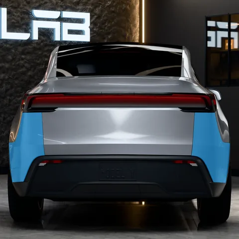 PPF pare-chocs arrière Tesla Model Y : la zone protégée en bleu, sur une Model Y Juniper Premium vue de l’arrière