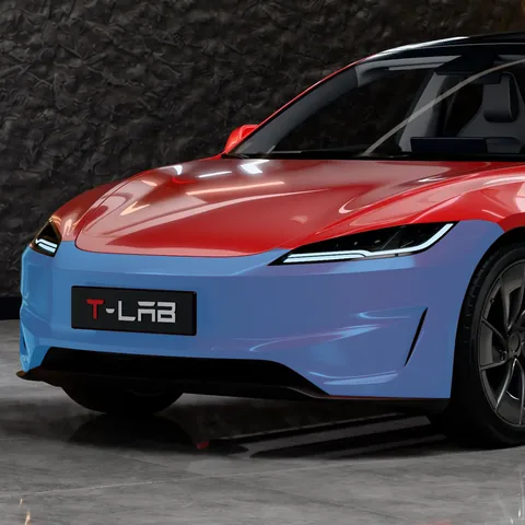 PPF pare-chocs avant Tesla Model 3 : la zone protégée en bleu, sur une Model 3 Highland Performance vue de trois quarts avant