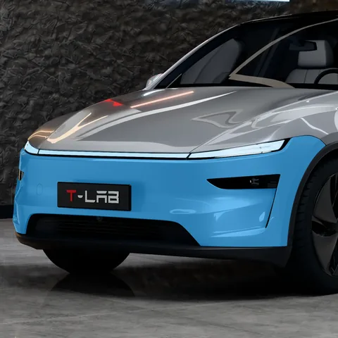 PPF pare-chocs avant Tesla Model Y : la zone protégée en bleu, sur une Model Y Juniper Premium vue de trois quarts avant