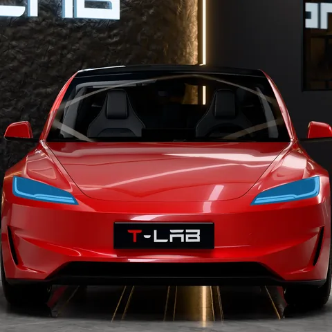 PPF phares Tesla Model 3 : la zone protégée en bleu, sur une Model 3 Highland Performance vue de face