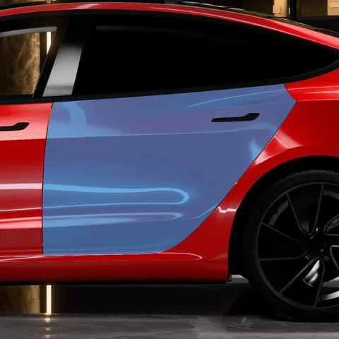 PPF portières arrière Tesla Model 3 : la zone protégée en bleu, sur une Model 3 Highland Performance vue de profil