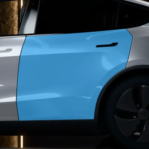 PPF portières arrière Tesla Model Y : la zone protégée en bleu, sur une Model Y Juniper Premium vue de profil