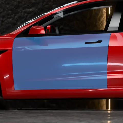 PPF portières avant Tesla Model 3 : la zone protégée en bleu, sur une Model 3 Highland Performance vue de profil
