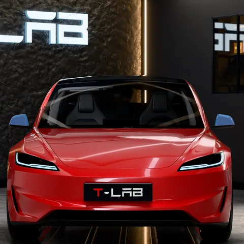 PPF rétroviseurs Tesla Model 3 : la zone protégée en bleu, sur une Model 3 Highland Performance vue de face