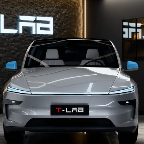 PPF rétroviseurs Tesla Model Y : la zone protégée en bleu, sur une Model Y Juniper Premium vue de face