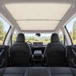 Pare-soleil beige installé sous le toit vitré d’une Tesla Model Y Juniper, avec sièges noirs et ciel de toit clair
