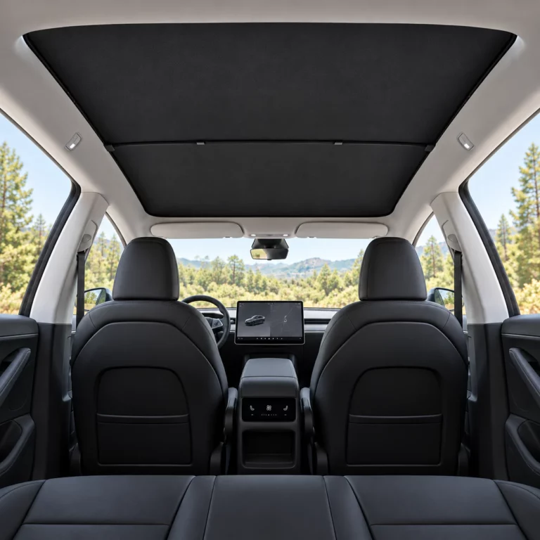 Pare-soleil noir installé sous le toit vitré, vue large de l’habitacle noir de la Tesla Model Y Juniper