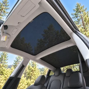 Pare-soleil en maille noire dans la Tesla Model 3 Highland, vue depuis la portière